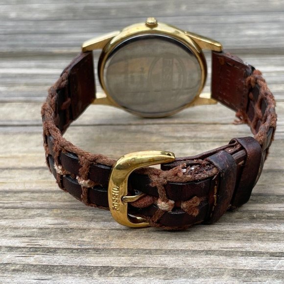 Fossil Men Watch Gold Tone Case Pyramid Crystal Brown Braided Leather Band Analo - Picture 4 of 13